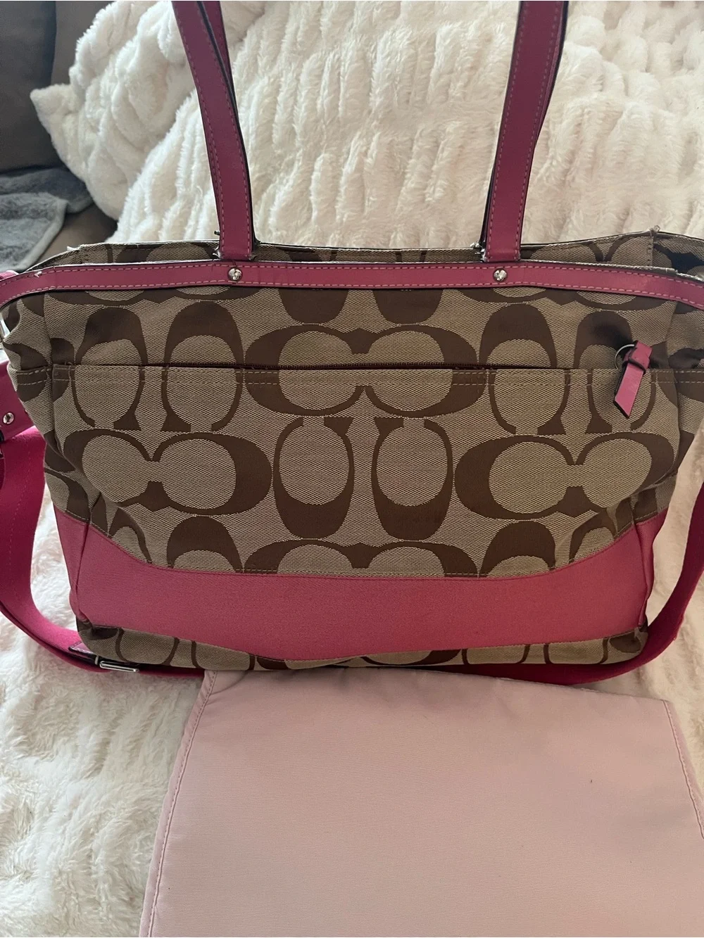 Coach Signature Stripe Baby Bag w/ Hot Pink Patient Leather Trim - EUC
